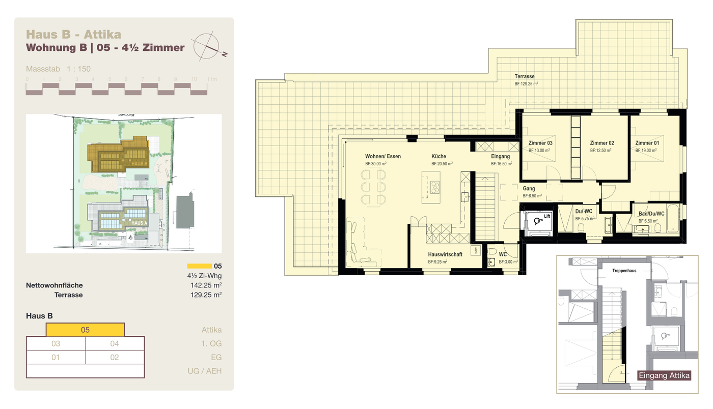 Grundriss der 4½-Zimmer-Attika Haus B, Dorfstrasse Böttstein – drei Zimmer, offener Wohn-/Essbereich, zwei Nasszellen, Gäste-WC, 130 m² Terrasse