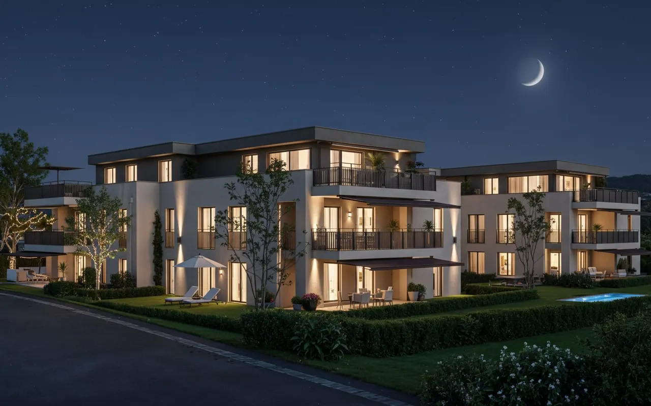 Neubauprojekt Dorfstrasse Böttstein in der Abenddämmerung