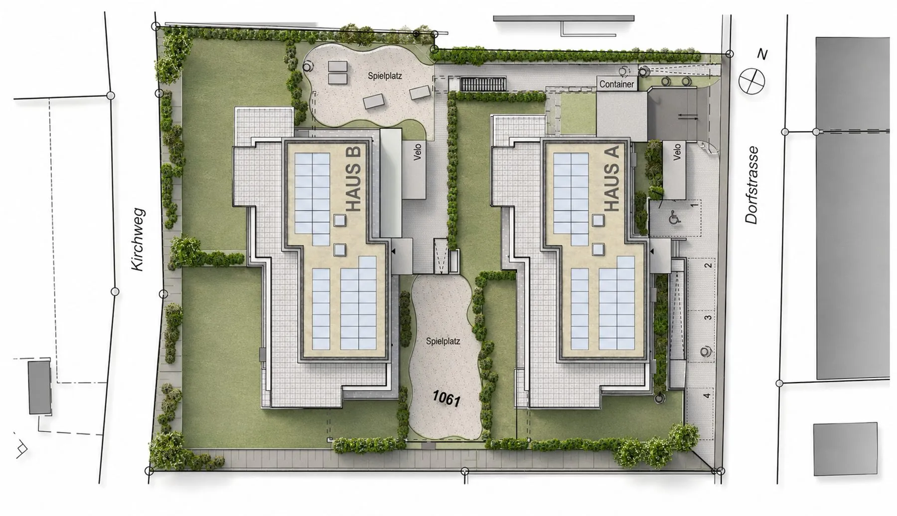 Situationsplan Dorfstrasse Böttstein mit Haus A, Haus B, Grünflächen und Erschliessung