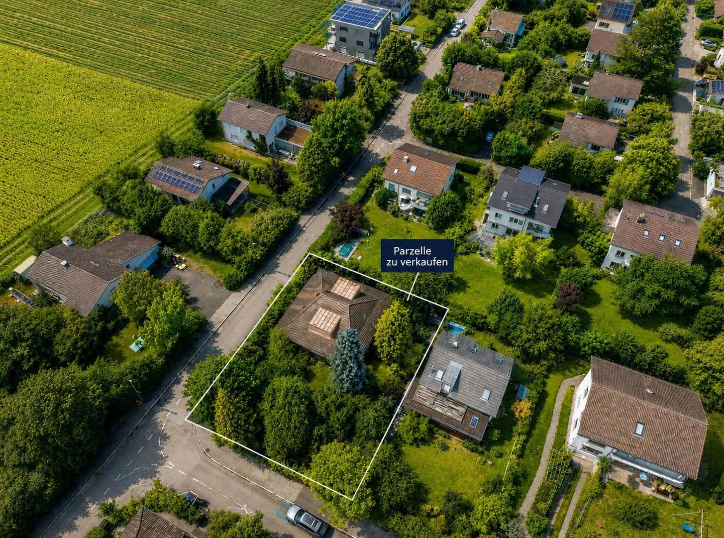 Luftaufnahme mit markierter Parzelle Maygutstrasse 26 in Wabern, Grenzverlauf schematisch