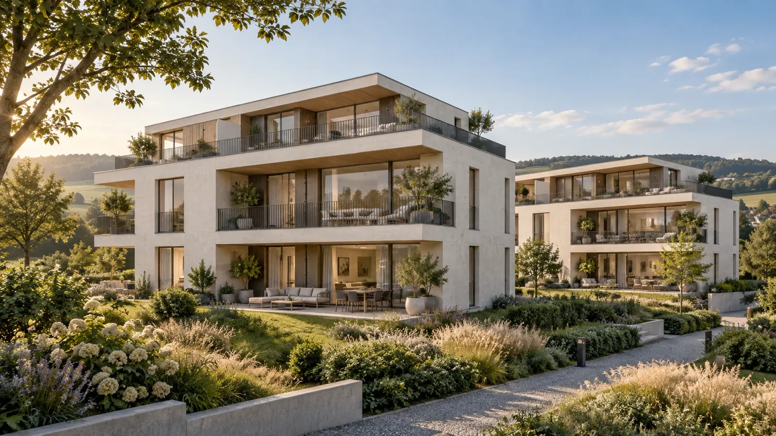 Architekturvisualisierung eines Mehrfamilienhaus-Neubaus, Symbolbild