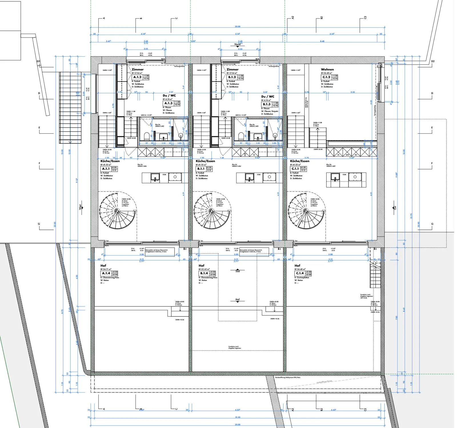 Grundriss Erdgeschoss mit Wohnküche, Zimmer, Dusche/WC und Hof