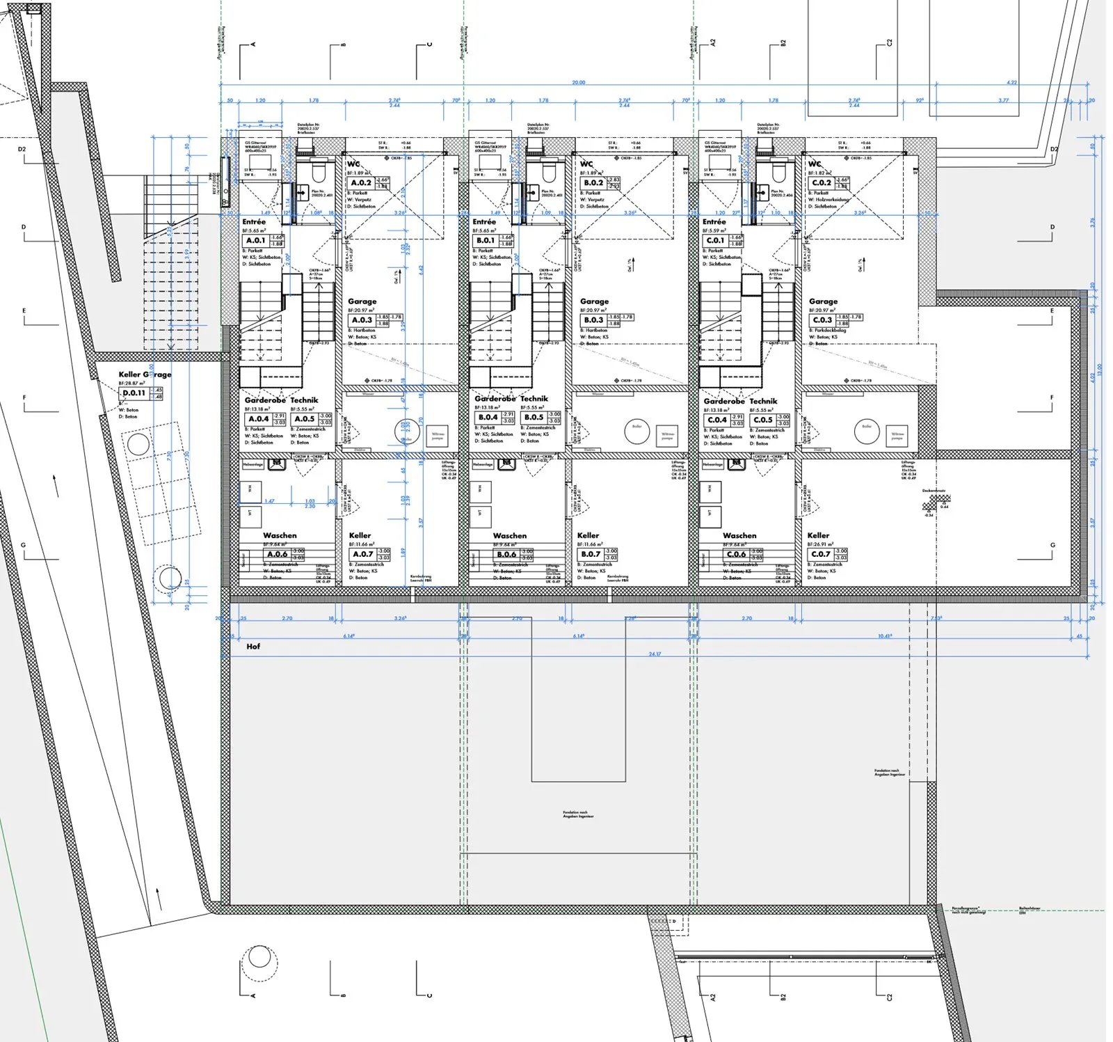 Grundriss Untergeschoss mit Entrée, Garage, Waschküche und Keller