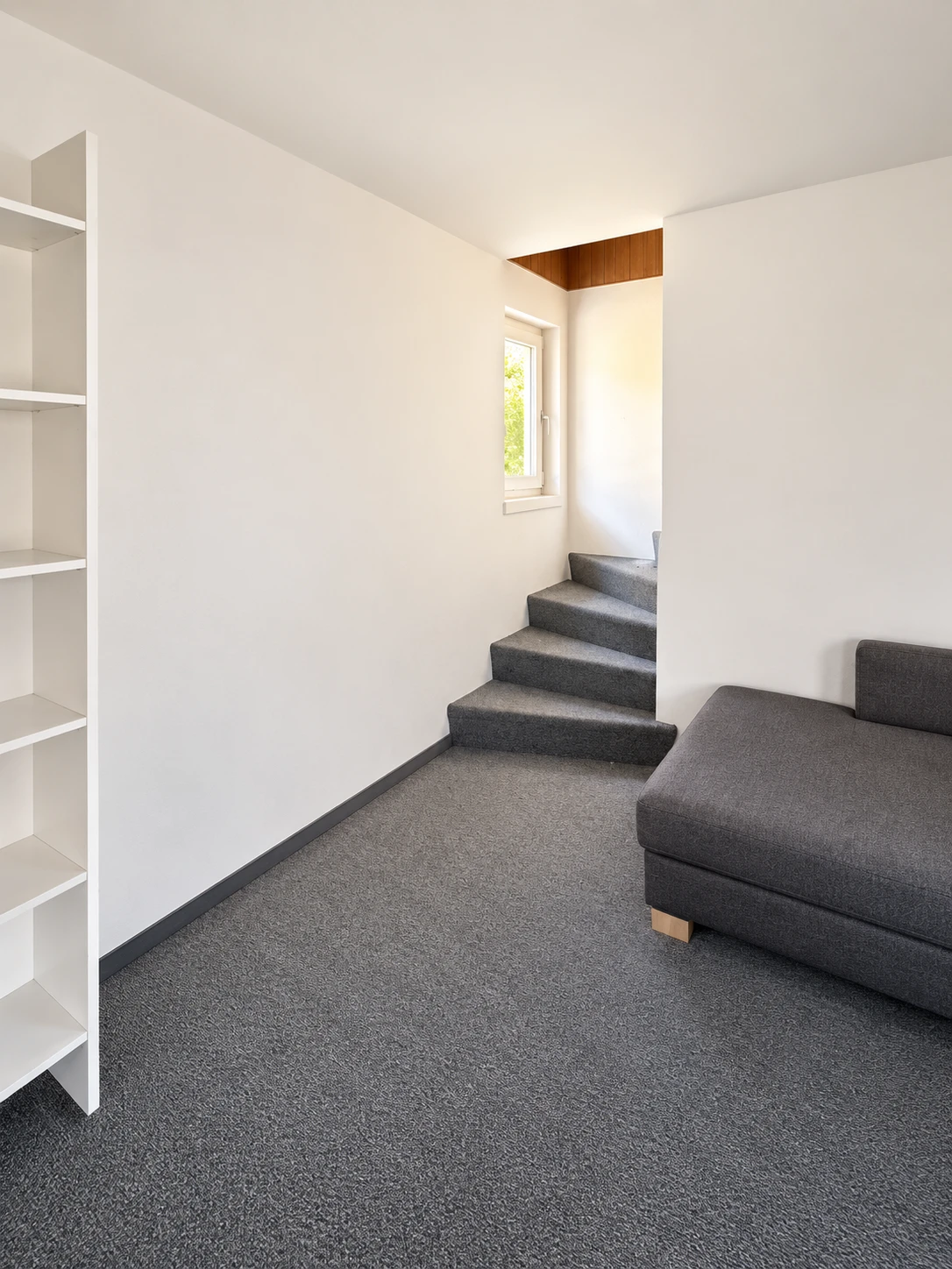 Treppenaufgang mit Teppichboden und Einbauregal, bildlich aufbereitet