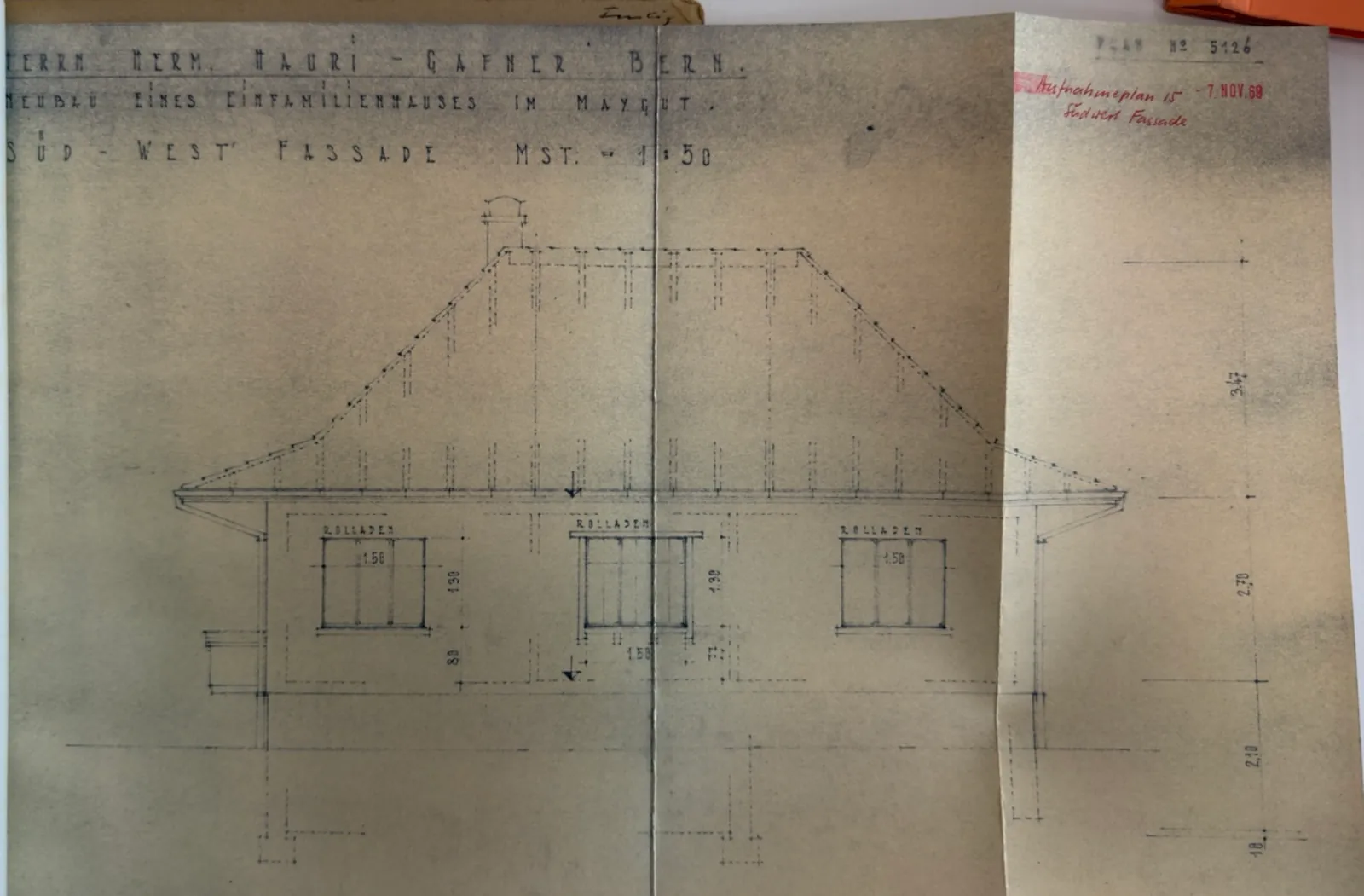 Historischer Neubauplan 1951: Südwestfassade, Originalmassstab 1:50, fotografische Reproduktion
